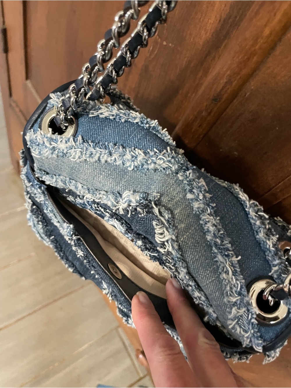 Michael Kors Two-Tone Blue Frayed Denim Chain Crossbody - Picture 8 of 8